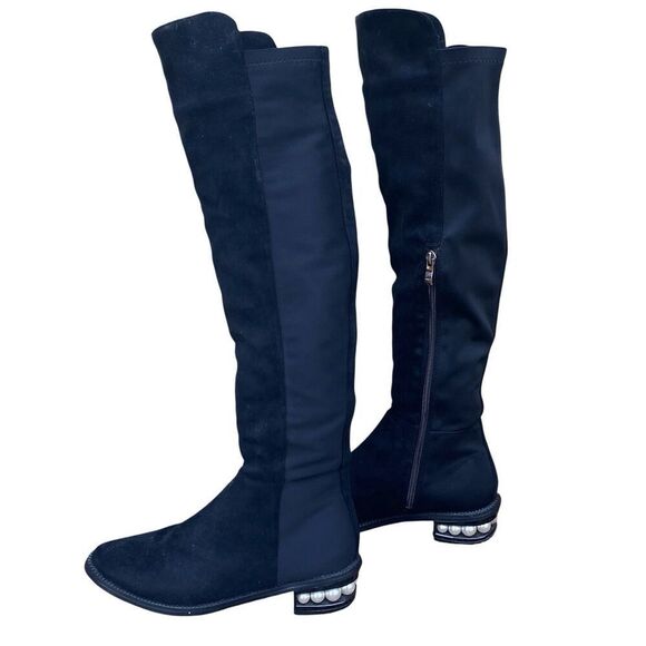 CATHERINE MALANDRINO Black Vegan Suede Over the Knee Pearl Heel Boot 7.5 - Picture 8 of 14